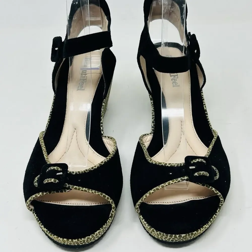 Beautifeel Sandals Black Size 38 Suede Ankle Strap Giraffe Print Wedge Heel